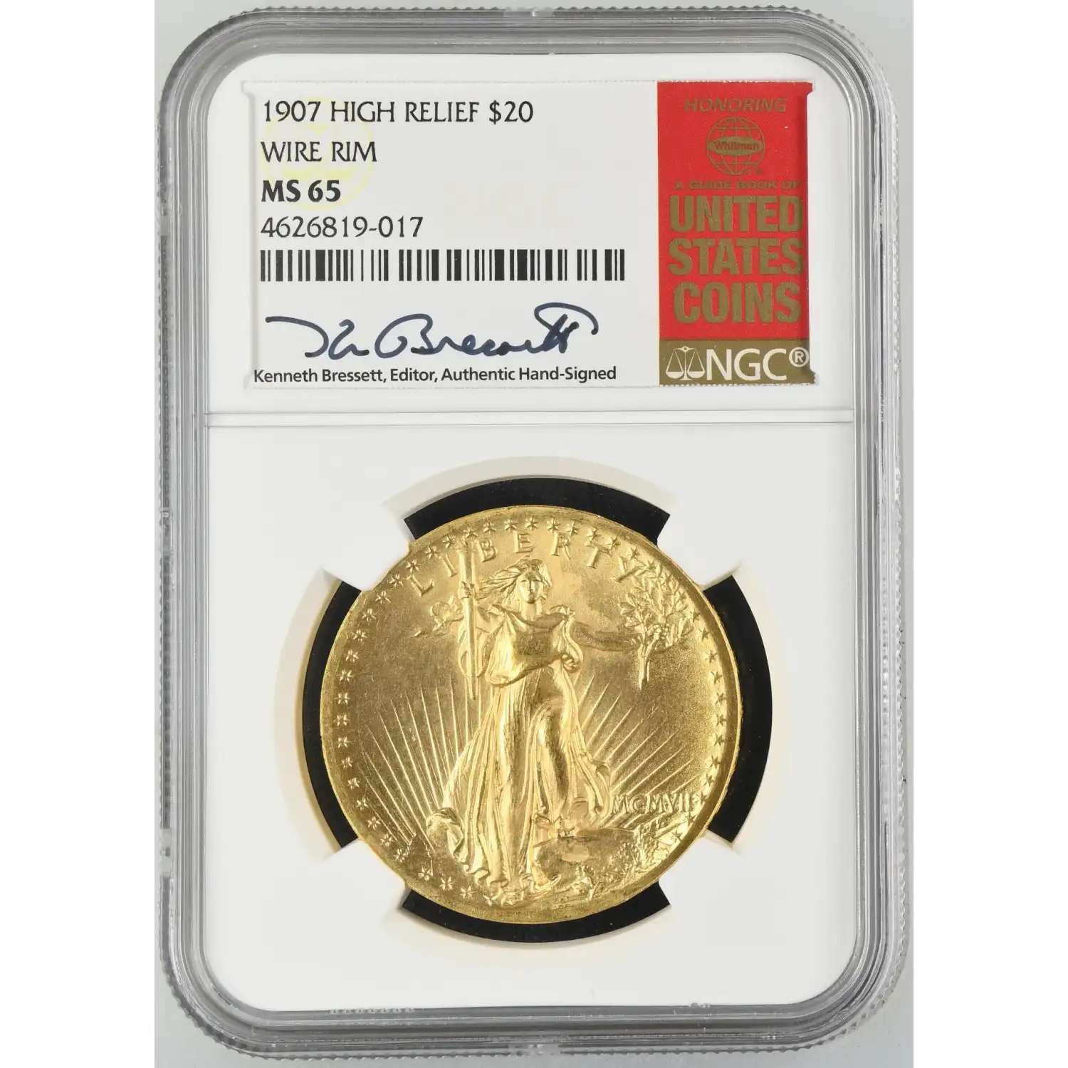 1907 Saint Gaudens Double Eagle NGC MS-65 HIGH RELIEF PROOF DIE OBVERSE WIRE RIM