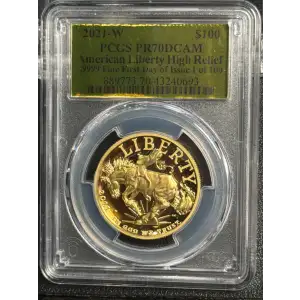 2021-W $100 American Liberty High Relief .9999 Fine First Day of Issue 1 of 100, DCAM